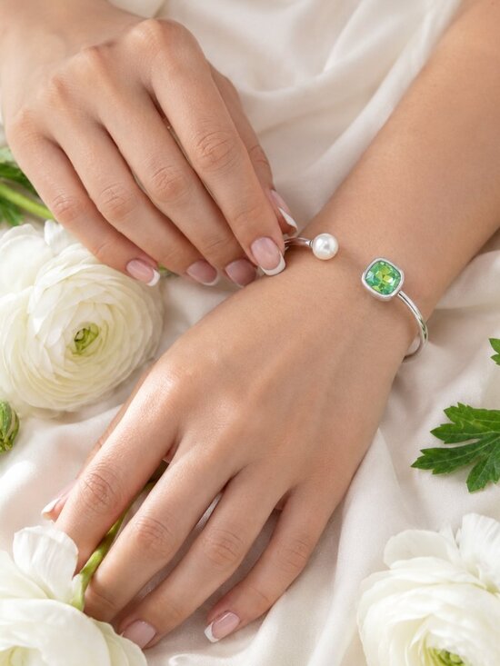 NKULTD Jewelry - Green Crystal Pearl 18K White Gold Plated Stainless Steel Cuff Bracelet Set